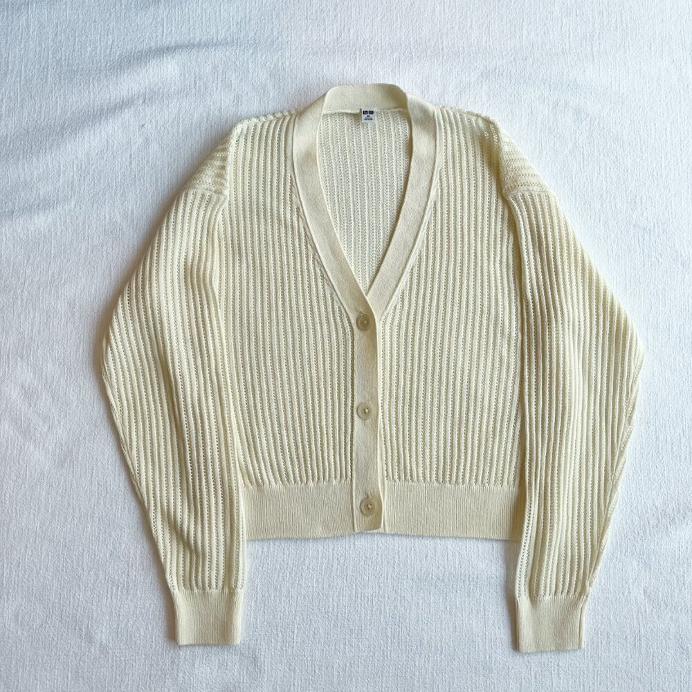 Uniqlo Linen-Blend Cream Mesh Openwork Cardigan, XS-S Fit, Excellent Condition